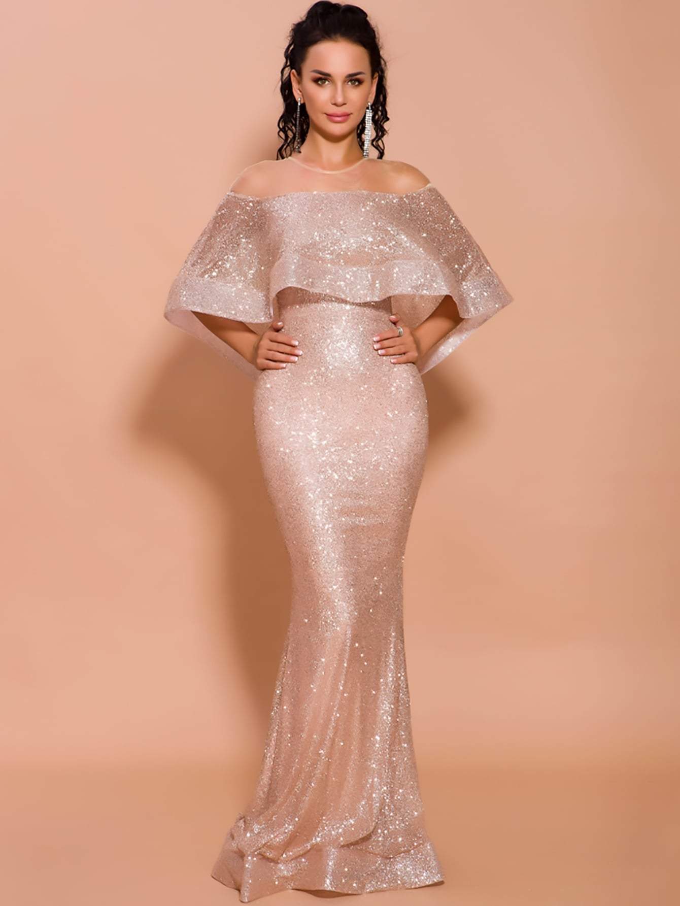 Missord Mesh Yoke Ruffle Trim Sequin Bodycon Prom Dress