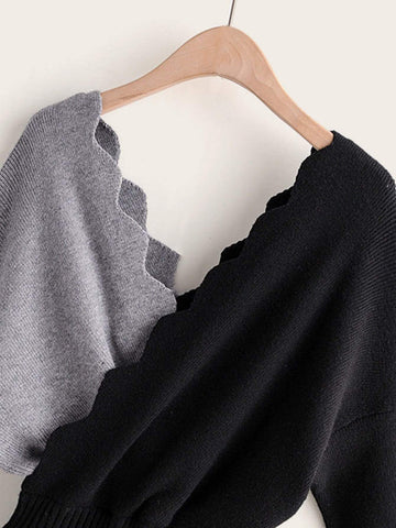 Scallop Wrap Puff Sleeve Jumper Dress