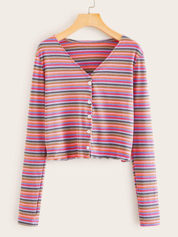 Multi-stripe Button Through Ribbed Tee