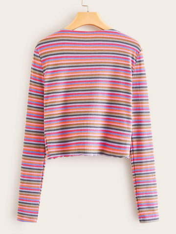 Multi-stripe Button Through Ribbed Tee