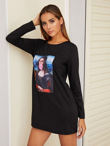 Figure Graphic Long Sleeve Tee Dress