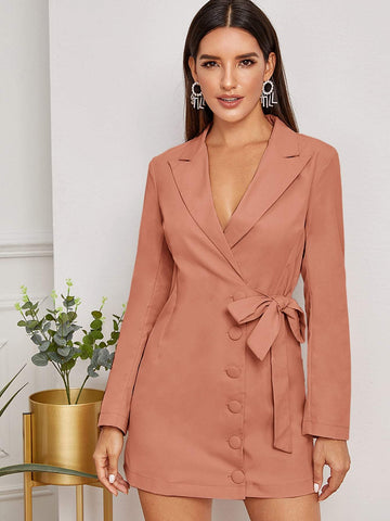 Button Through Tie Side Wrap Blazer Dress