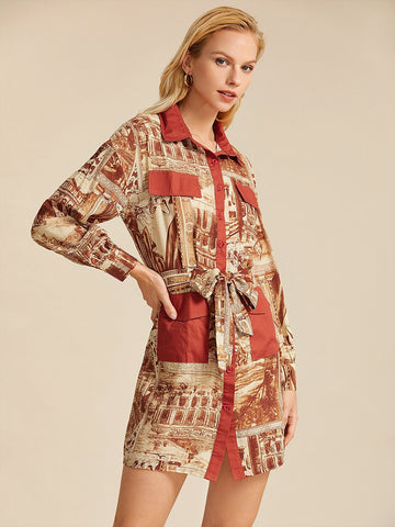 Contrast Panel Graphic Belted Shirt Dress