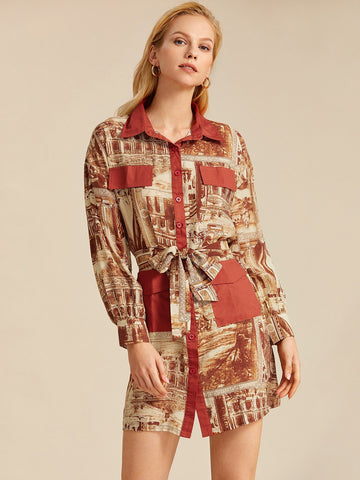 Contrast Panel Graphic Belted Shirt Dress