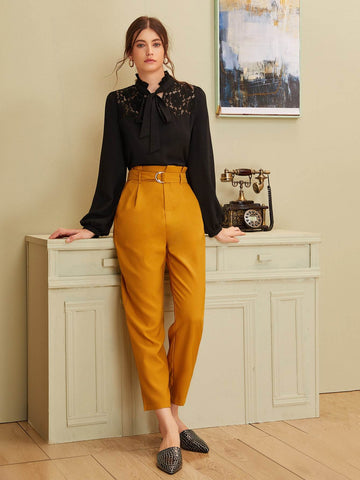 Frilled Tie Neck Lace Yoke Blouse