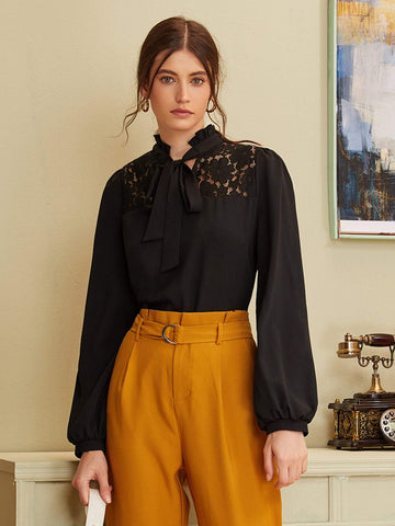 Frilled Tie Neck Lace Yoke Blouse