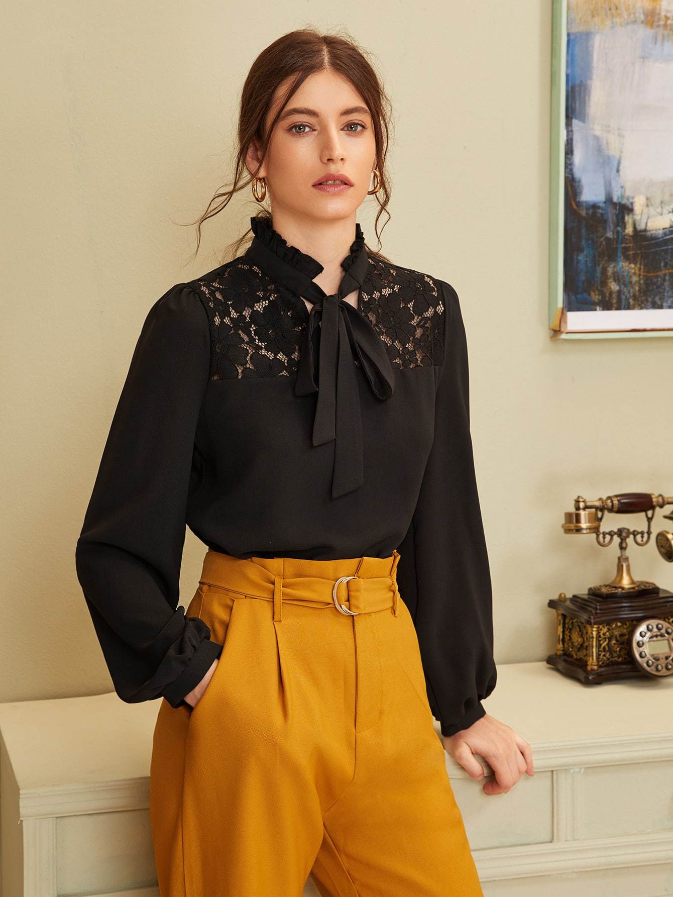 Frilled Tie Neck Lace Yoke Blouse