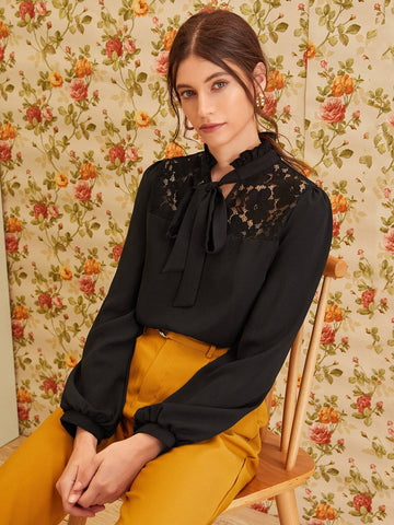Frilled Tie Neck Lace Yoke Blouse