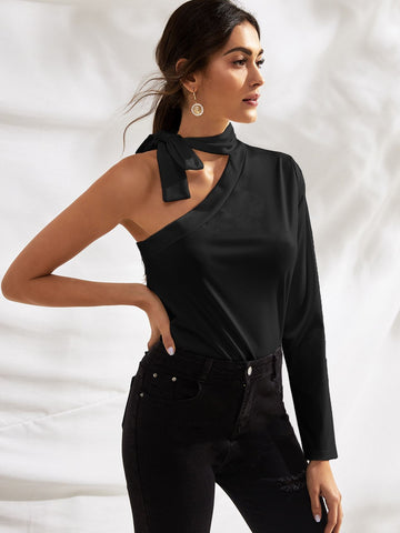 Tie Neck One Shoulder Solid Tee