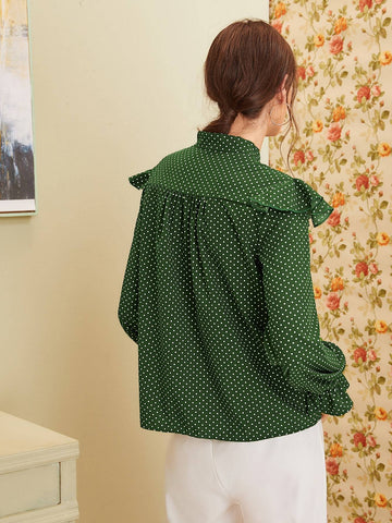 Tie Neck Frill Polka Dot Print Blouse