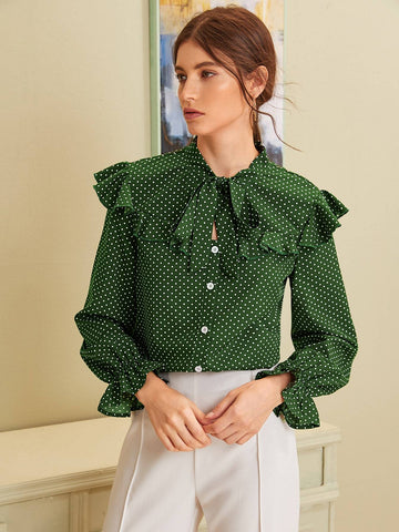 Tie Neck Frill Polka Dot Print Blouse