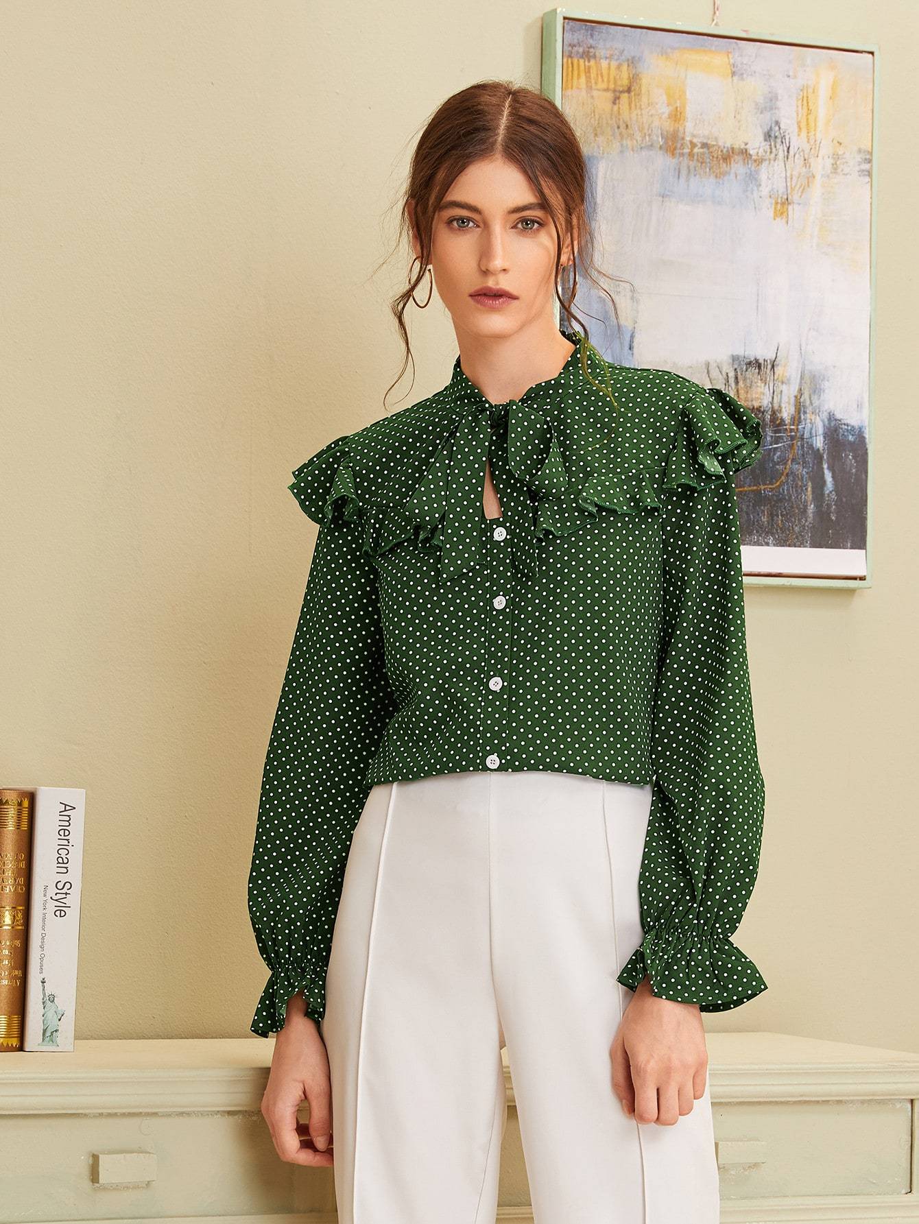 Tie Neck Frill Polka Dot Print Blouse