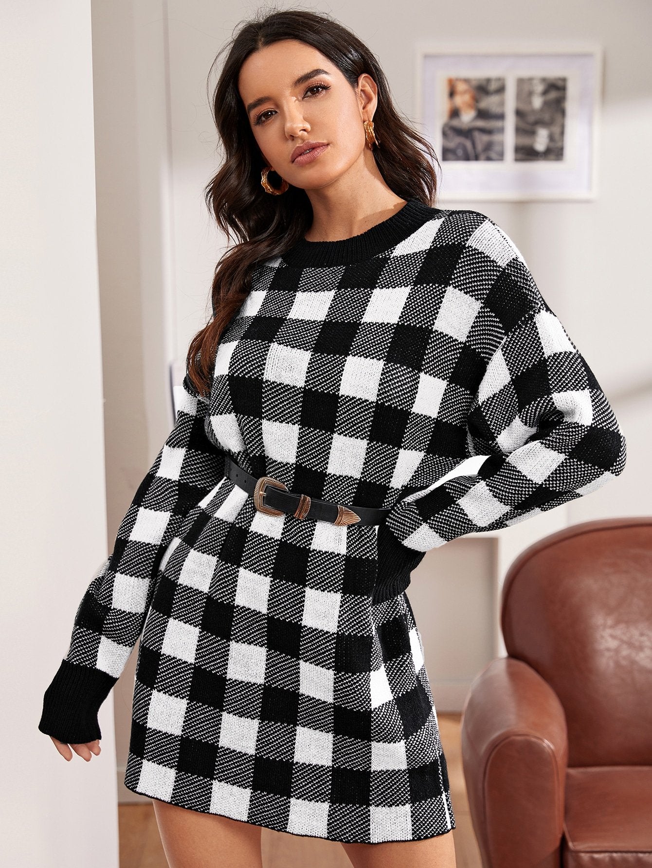 Drop Shoulder Buffalo Plaid Jumper Dress
