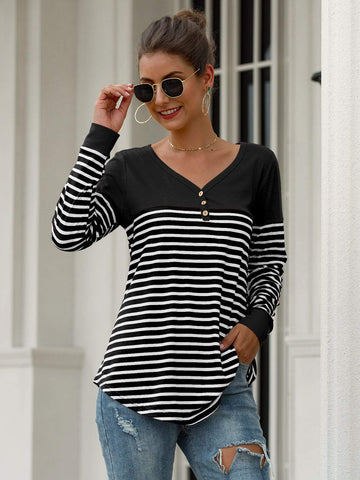 V Neck Contrast Panel Striped Tee