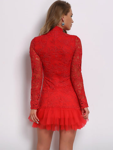 Joyfunear Ruffle Hem Embroidered Mesh Bodycon Dress
