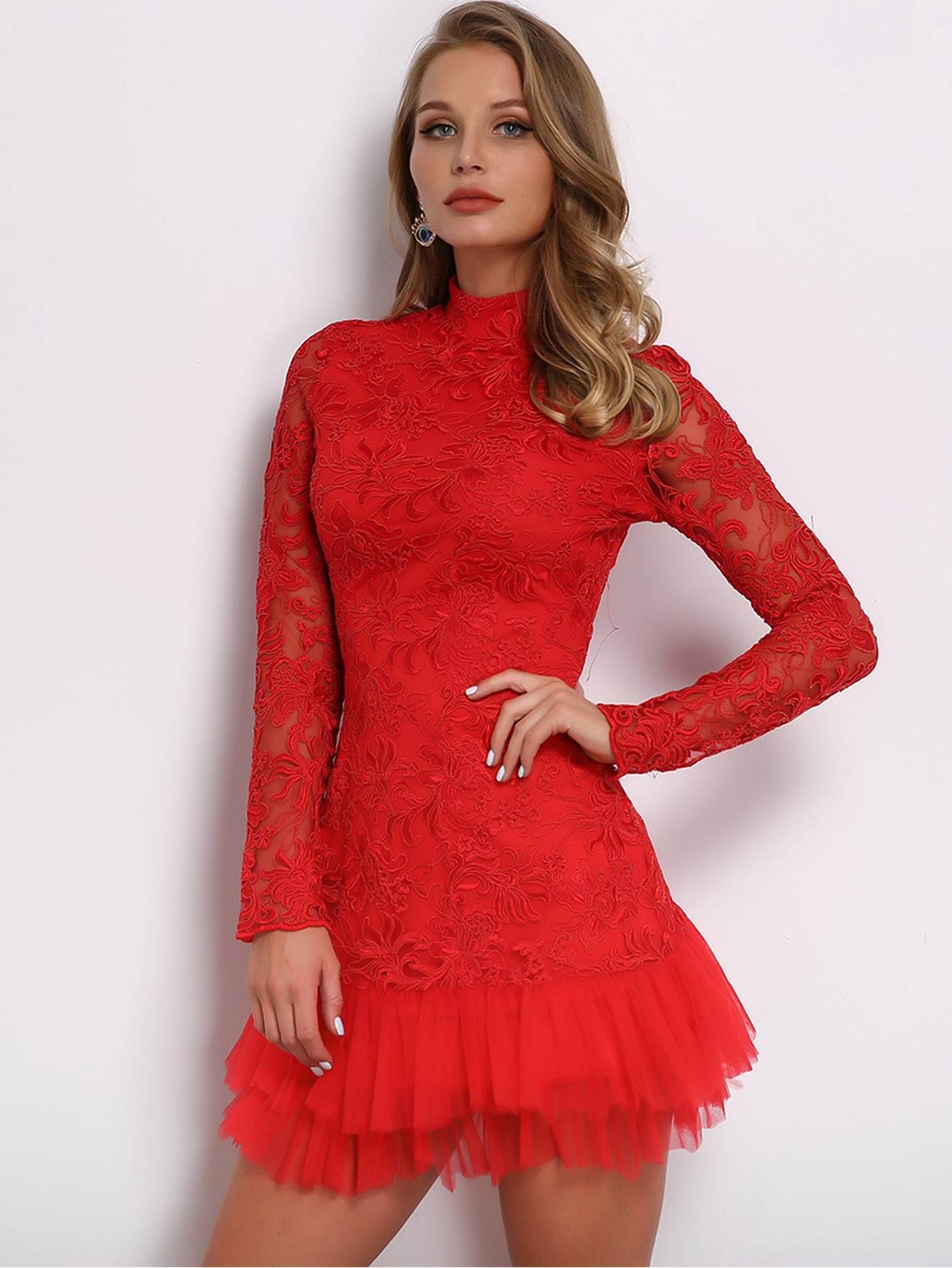 Joyfunear Ruffle Hem Embroidered Mesh Bodycon Dress
