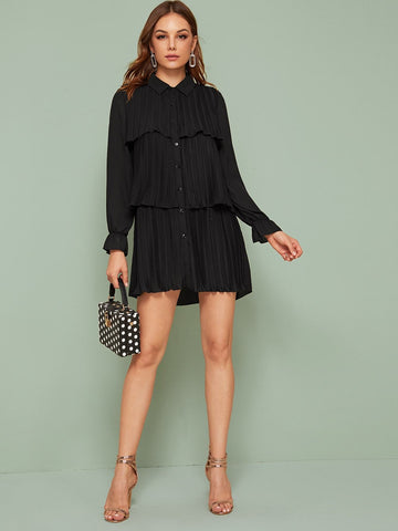 Pleated Flounce Sleeve Shirt Dress