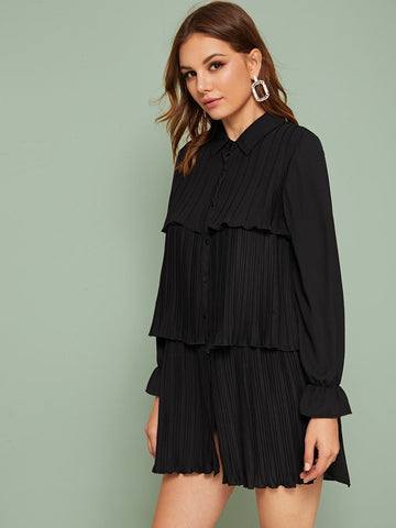 Pleated Flounce Sleeve Shirt Dress