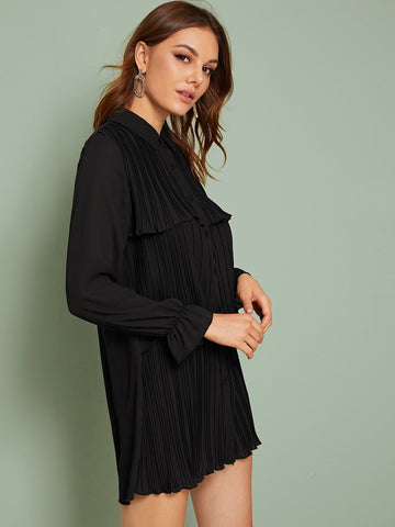 Pleated Flounce Sleeve Shirt Dress