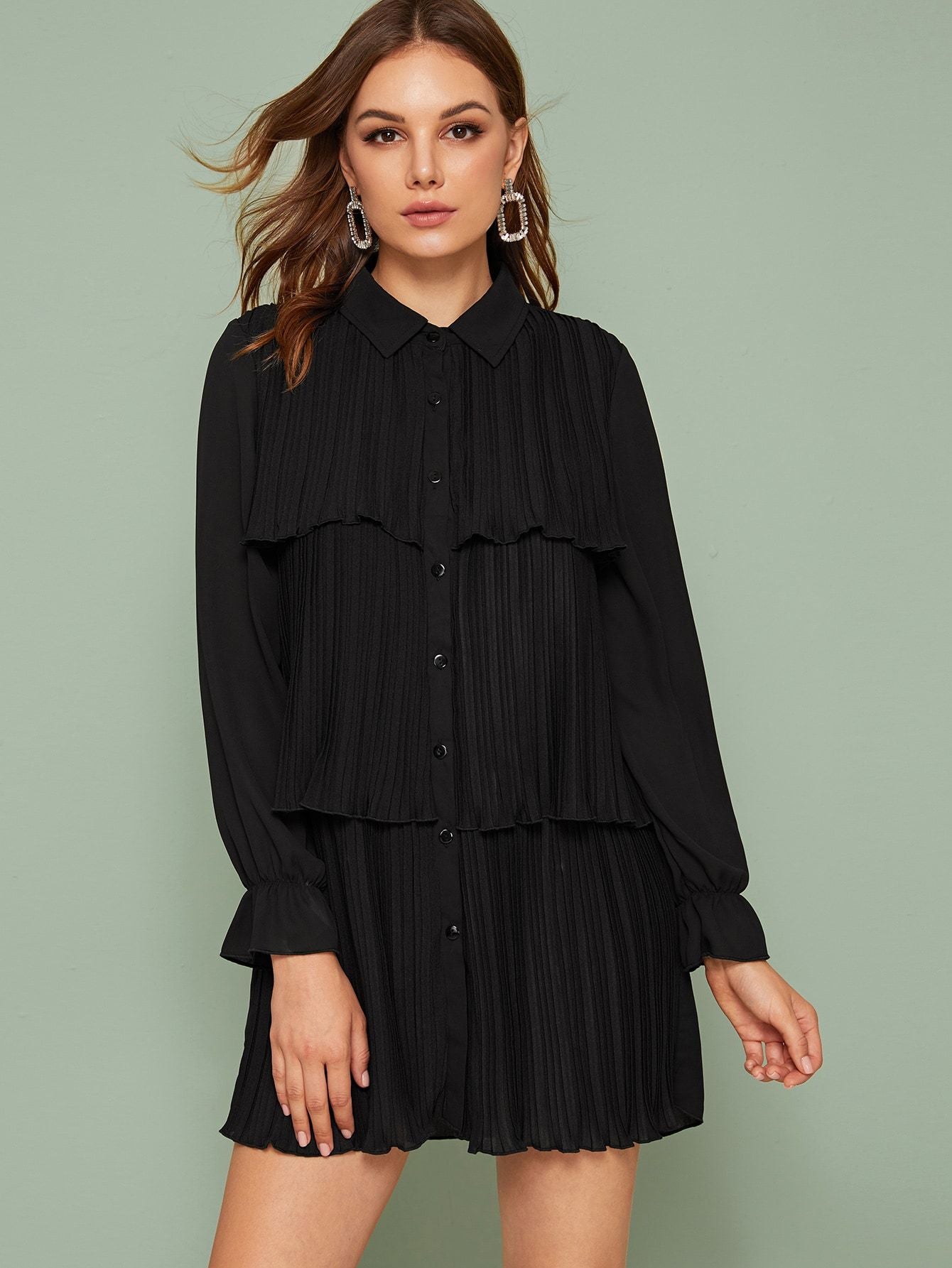 Pleated Flounce Sleeve Shirt Dress