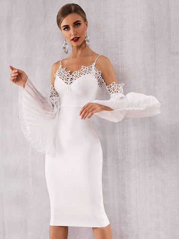 Adyce Guipure Lace Pleated Sleeve Bandage Dress