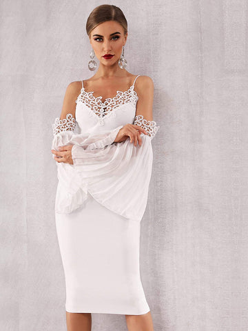 Adyce Guipure Lace Pleated Sleeve Bandage Dress