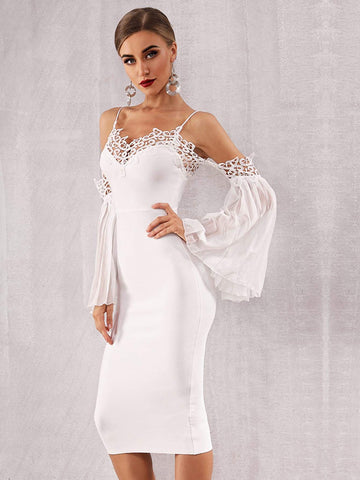 Adyce Guipure Lace Pleated Sleeve Bandage Dress