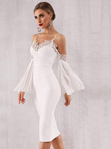 Adyce Guipure Lace Pleated Sleeve Bandage Dress