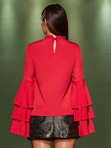 Flounce Sleeve Frilled Neckline Top