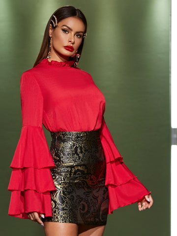 Flounce Sleeve Frilled Neckline Top