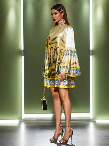 Graphic Print Flounce Sleeve Satin Tunic Dress