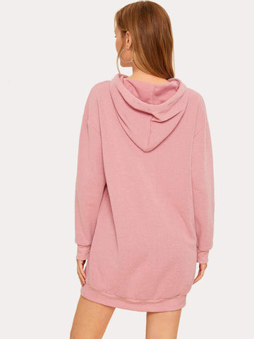 Solid Drop Shoulder Drawstring Hoodie Dress