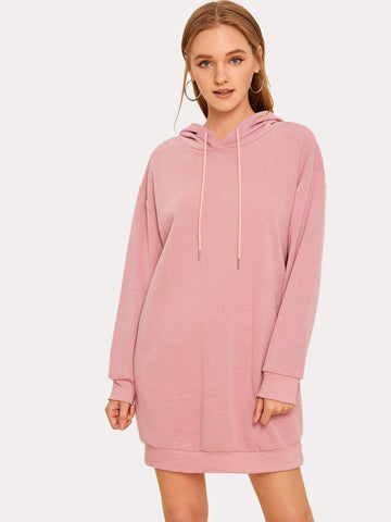 Solid Drop Shoulder Drawstring Hoodie Dress