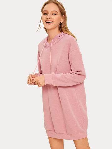 Solid Drop Shoulder Drawstring Hoodie Dress