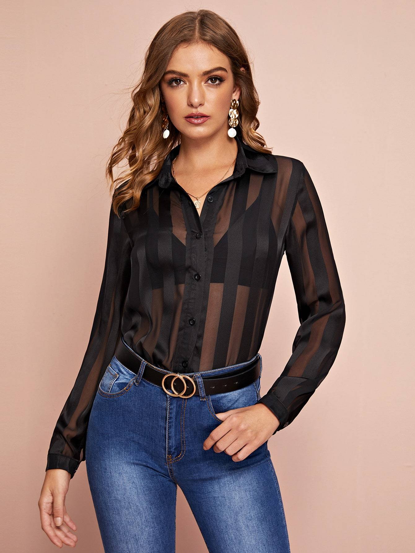Solid Button Through Sheer Satin Blouse