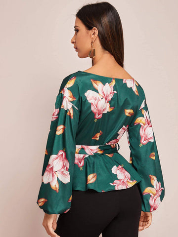 Floral Print Surplice Front Belted Peplum Blouse