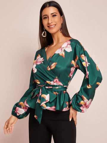 Floral Print Surplice Front Belted Peplum Blouse