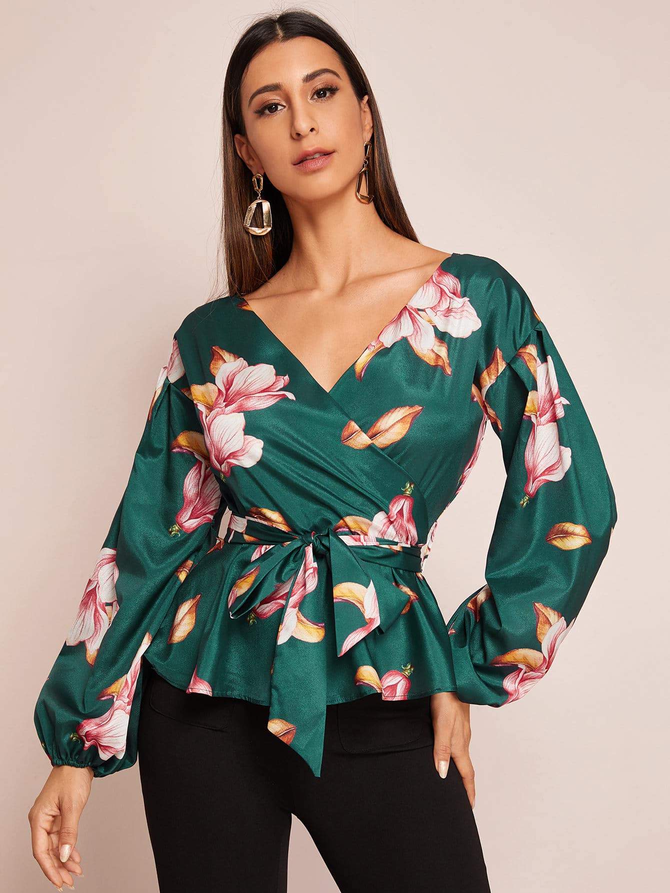Floral Print Surplice Front Belted Peplum Blouse