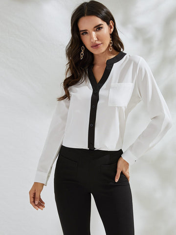 Contrast V Neck Button Single Pocket Blouse