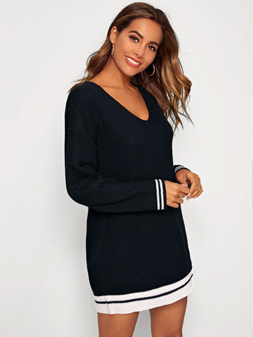 Striped Trim Jumper Dress Without Belt