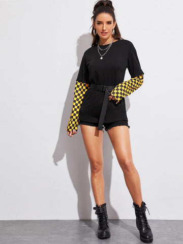 Contrast Checker Sleeve Belted Tee