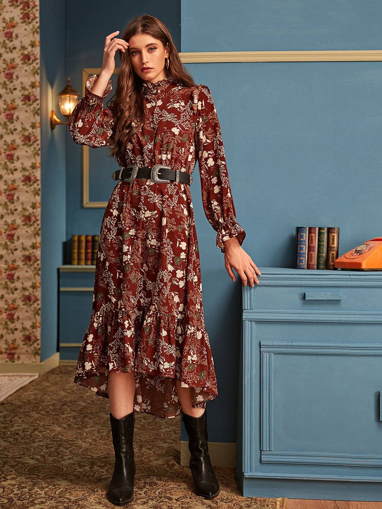 Floral Print Frill Mock Neck Dress Without Belt