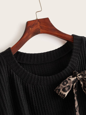 Leopard Knotted Ribbed Knit Top