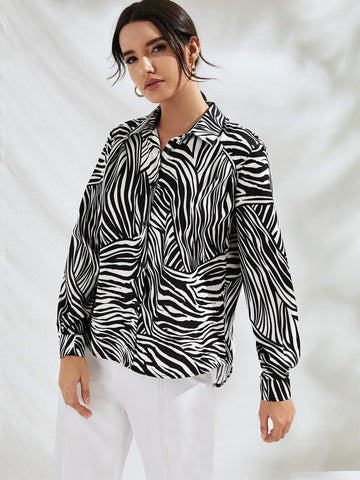 Zebra Striped Button Through Blouse
