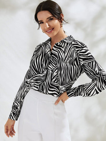 Zebra Striped Button Through Blouse