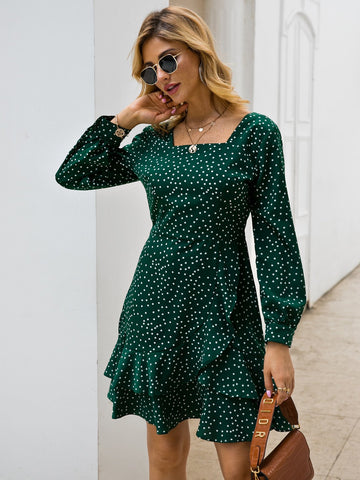 Polka Dot Layered Ruffle Hem Belted A-line Dress