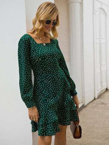 Polka Dot Layered Ruffle Hem Belted A-line Dress