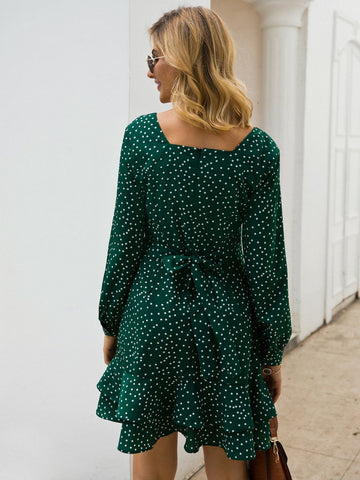 Polka Dot Layered Ruffle Hem Belted A-line Dress