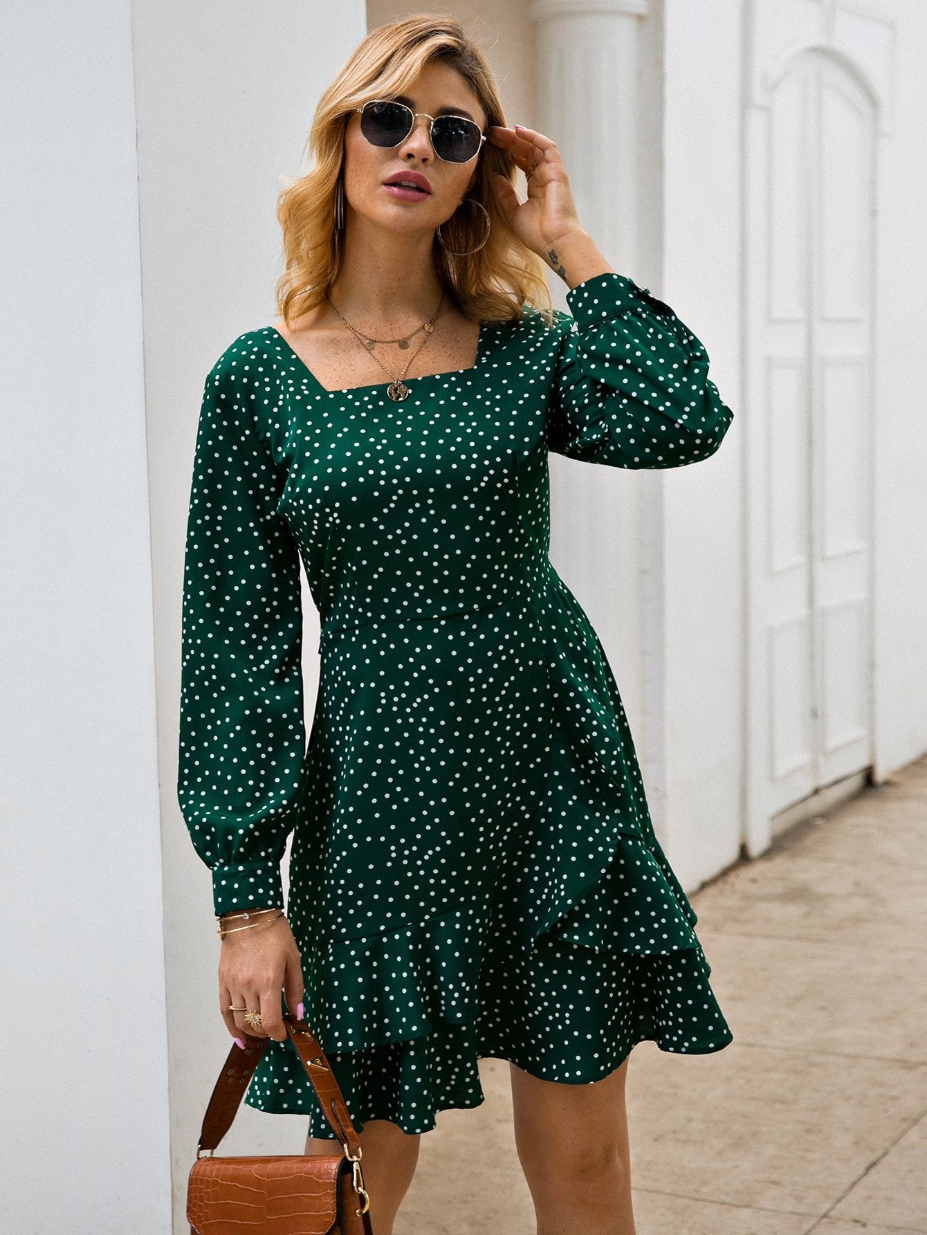 Polka Dot Layered Ruffle Hem Belted A-line Dress