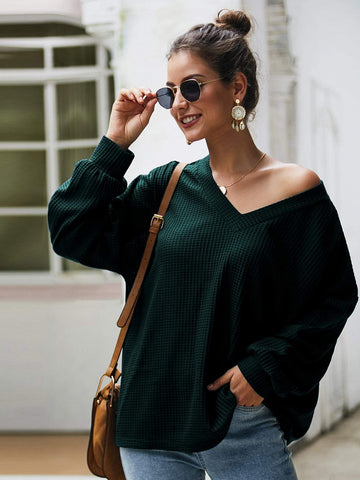 Solid V-Neck Waffle Knit Oversized Jumper